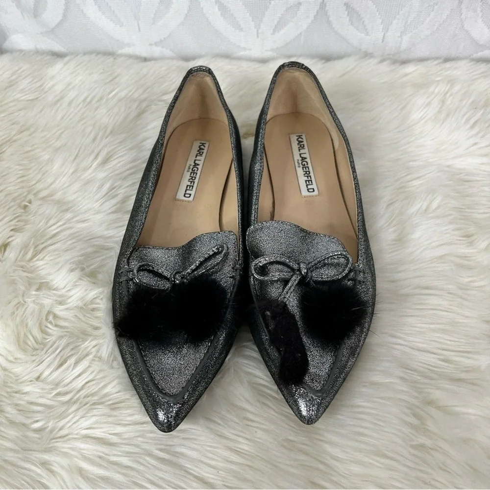 Karl Lagerfeld Paris Metallic‎ Silver Mink Fur Pom Pom Pointed Toe Flats 9M